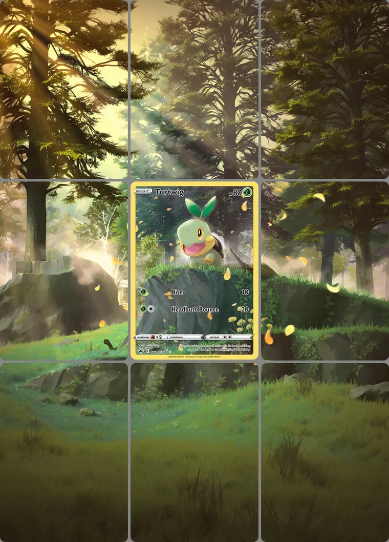 Turtwig GG31/GG70 extended binder art: the card in the centre of a 3×3 binder page, its artwork continuing across the eight cards around it