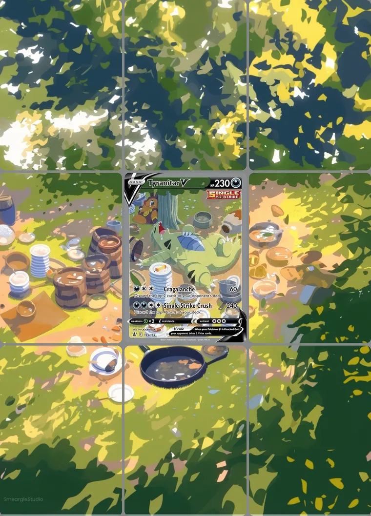 Tyranitar V 155/163 extended binder art: the card in the centre of a 3×3 binder page, its artwork continuing across the eight cards around it