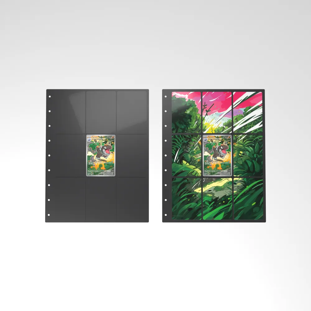 Before and after: the Tyrunt card alone in an empty binder page, then surrounded by its eight extended-art cards