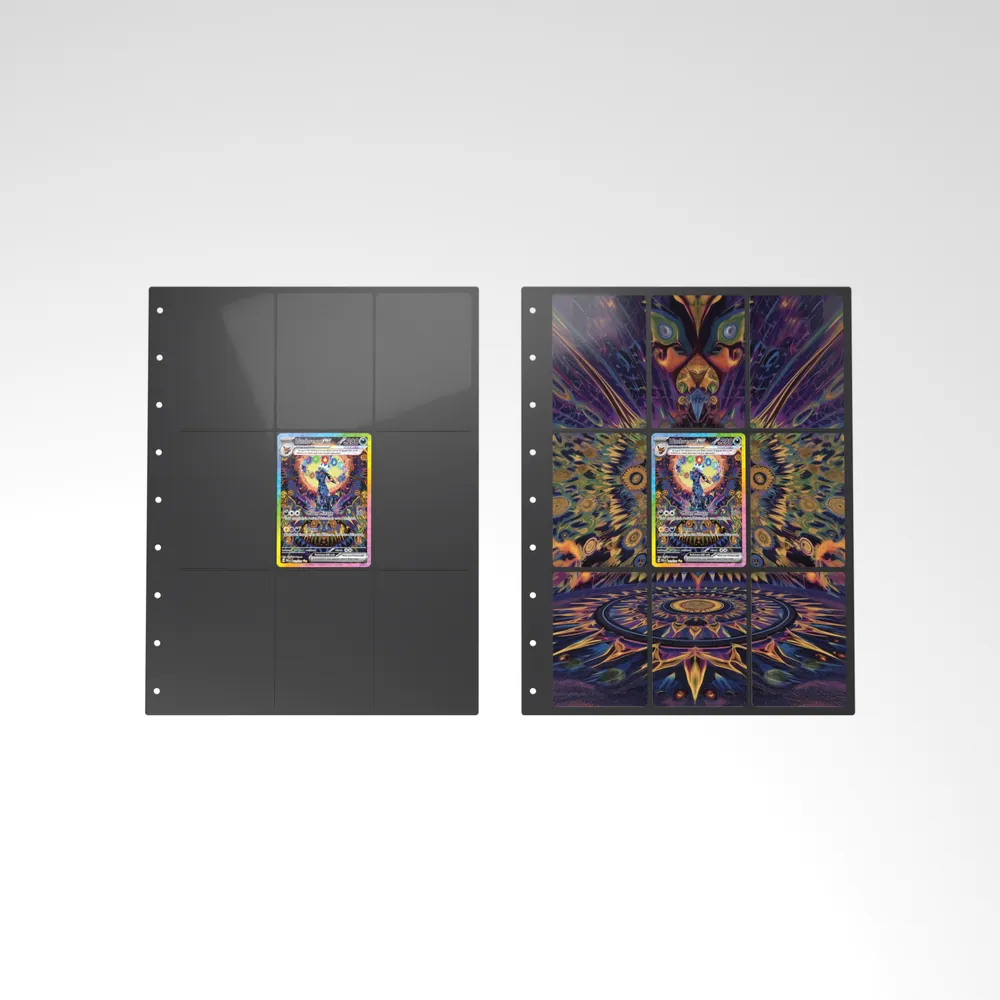 Before and after: the Umbreon ex card alone in an empty binder page, then surrounded by its eight extended-art cards