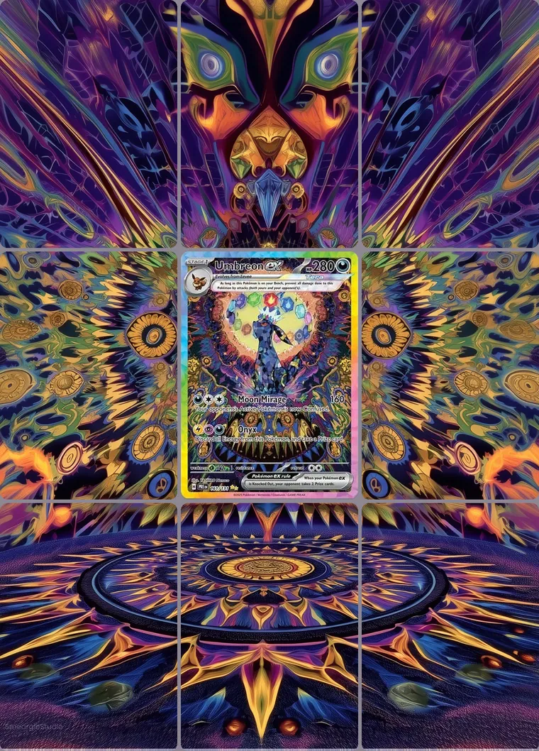 Umbreon ex 161/131 extended binder art: the card in the centre of a 3×3 binder page, its artwork continuing across the eight cards around it
