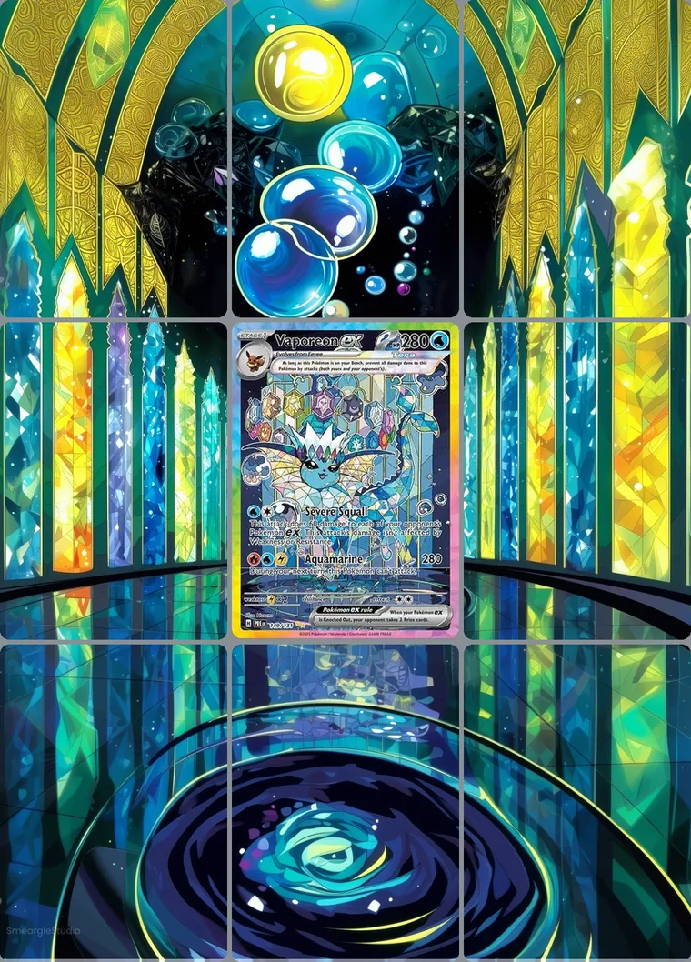 Vaporeon ex 149/131 extended binder art: the card in the centre of a 3×3 binder page, its artwork continuing across the eight cards around it