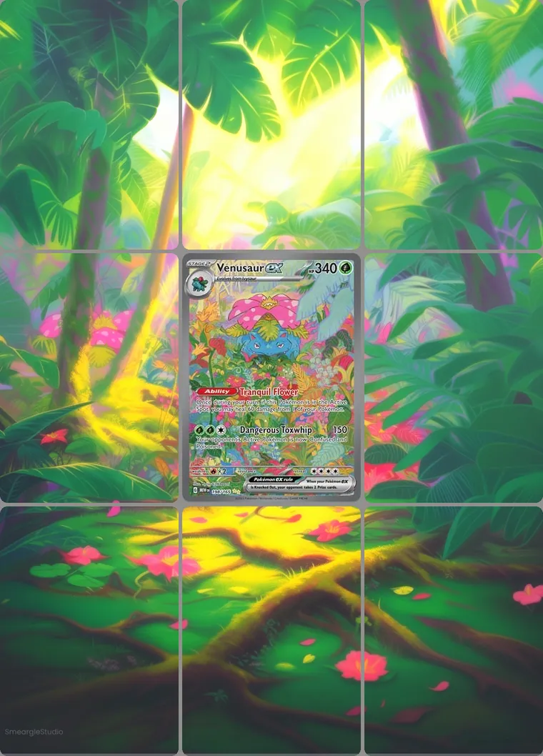 Venusaur ex 198/165 extended binder art: the card in the centre of a 3×3 binder page, its artwork continuing across the eight cards around it