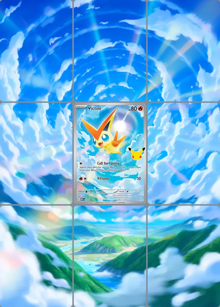 Victini 102 extended binder art: the card in the centre of a 3×3 binder page, its artwork continuing across the eight cards around it
