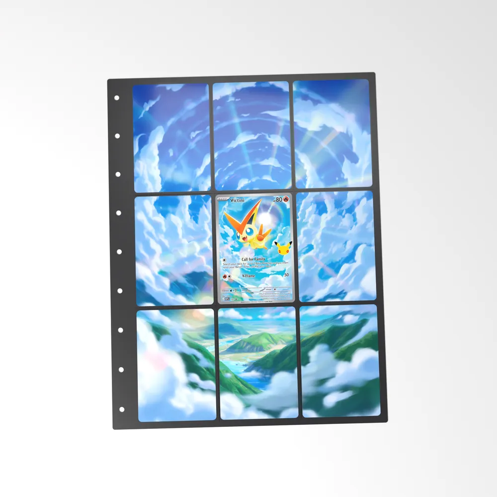 The printed Victini 102 set in a 9-pocket binder page, with the card in the centre pocket
