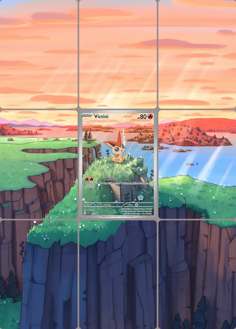 Victini 208 extended binder art: the card in the centre of a 3×3 binder page, its artwork continuing across the eight cards around it