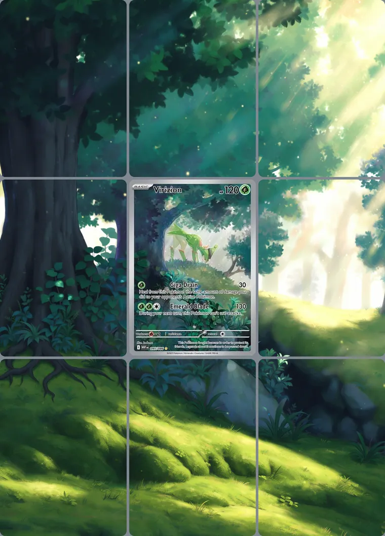 Virizion 95/86 extended binder art: the card in the centre of a 3×3 binder page, its artwork continuing across the eight cards around it