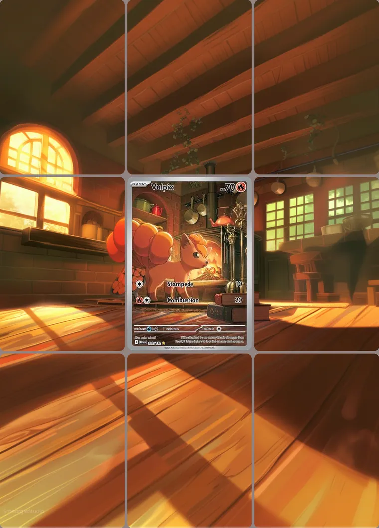 Vulpix 138/132 extended binder art: the card in the centre of a 3×3 binder page, its artwork continuing across the eight cards around it