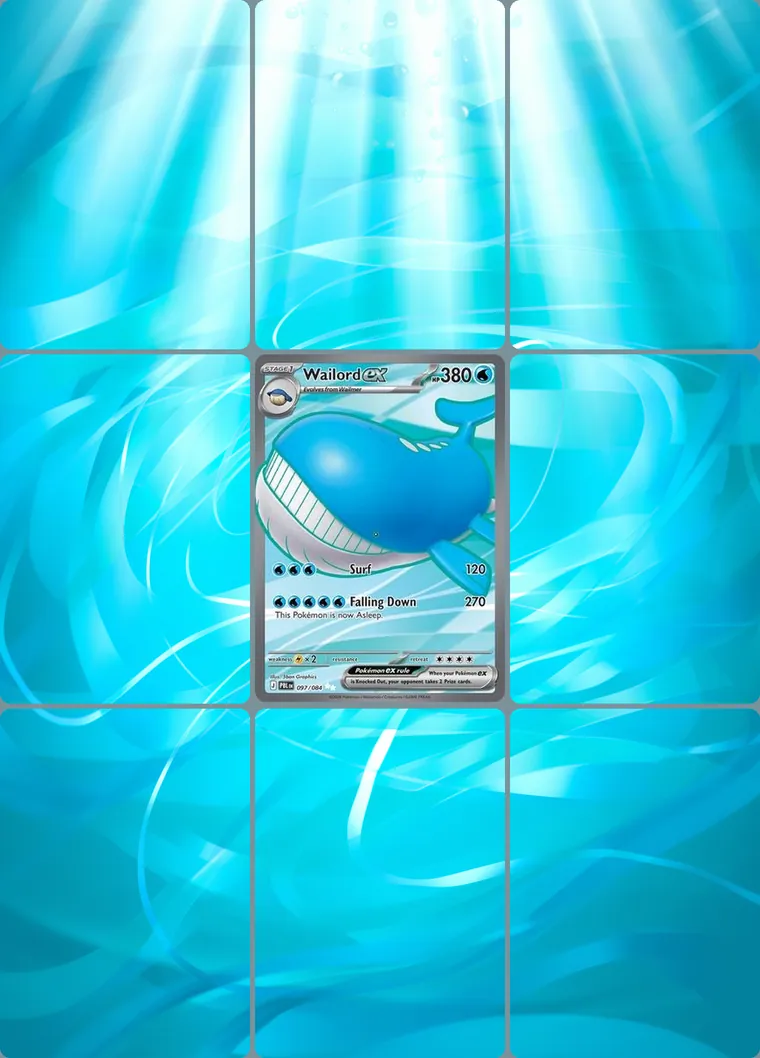 Wailord ex 97/84 extended binder art: the card in the centre of a 3×3 binder page, its artwork continuing across the eight cards around it