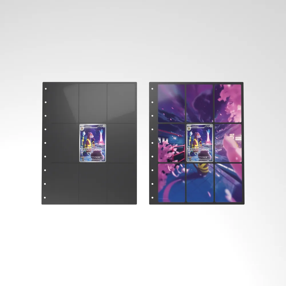 Before and after: the Watchog card alone in an empty binder page, then surrounded by its eight extended-art cards