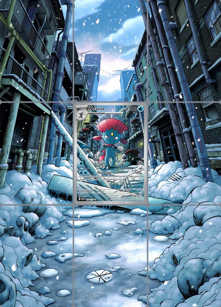 Weavile 228/217 extended binder art: the card in the centre of a 3×3 binder page, its artwork continuing across the eight cards around it