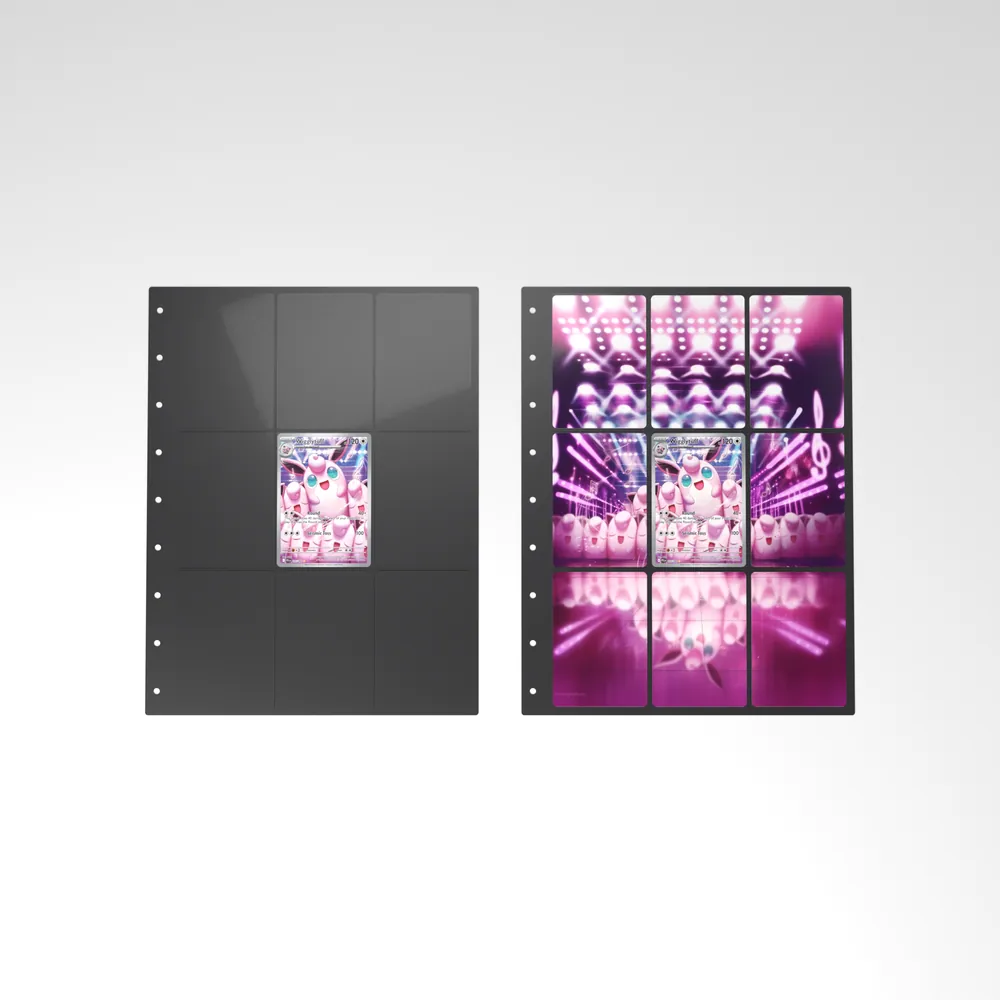 Before and after: the Wigglytuff card alone in an empty binder page, then surrounded by its eight extended-art cards
