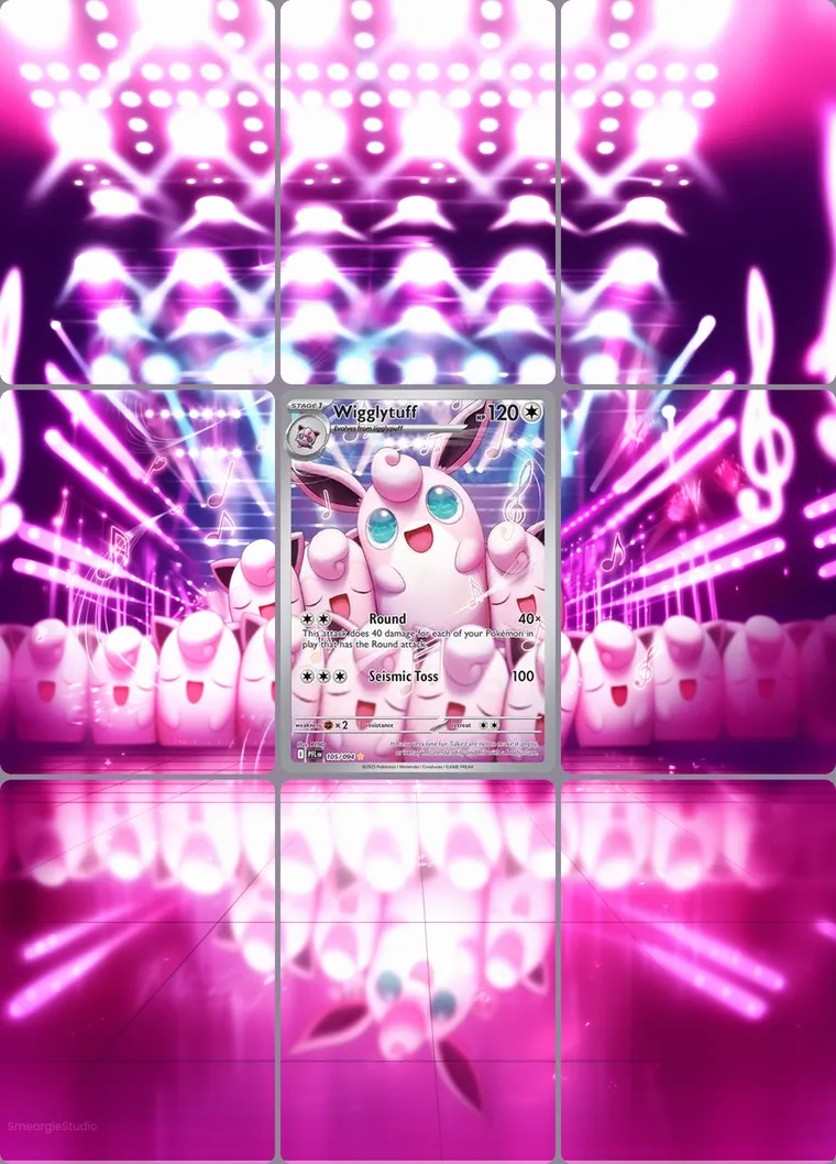 Wigglytuff 105/94 extended binder art: the card in the centre of a 3×3 binder page, its artwork continuing across the eight cards around it