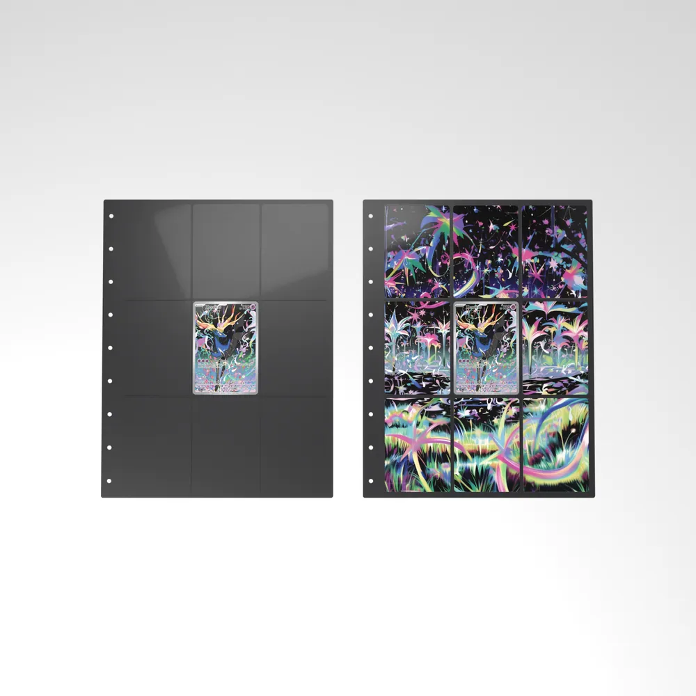 Before and after: the Xerneas card alone in an empty binder page, then surrounded by its eight extended-art cards