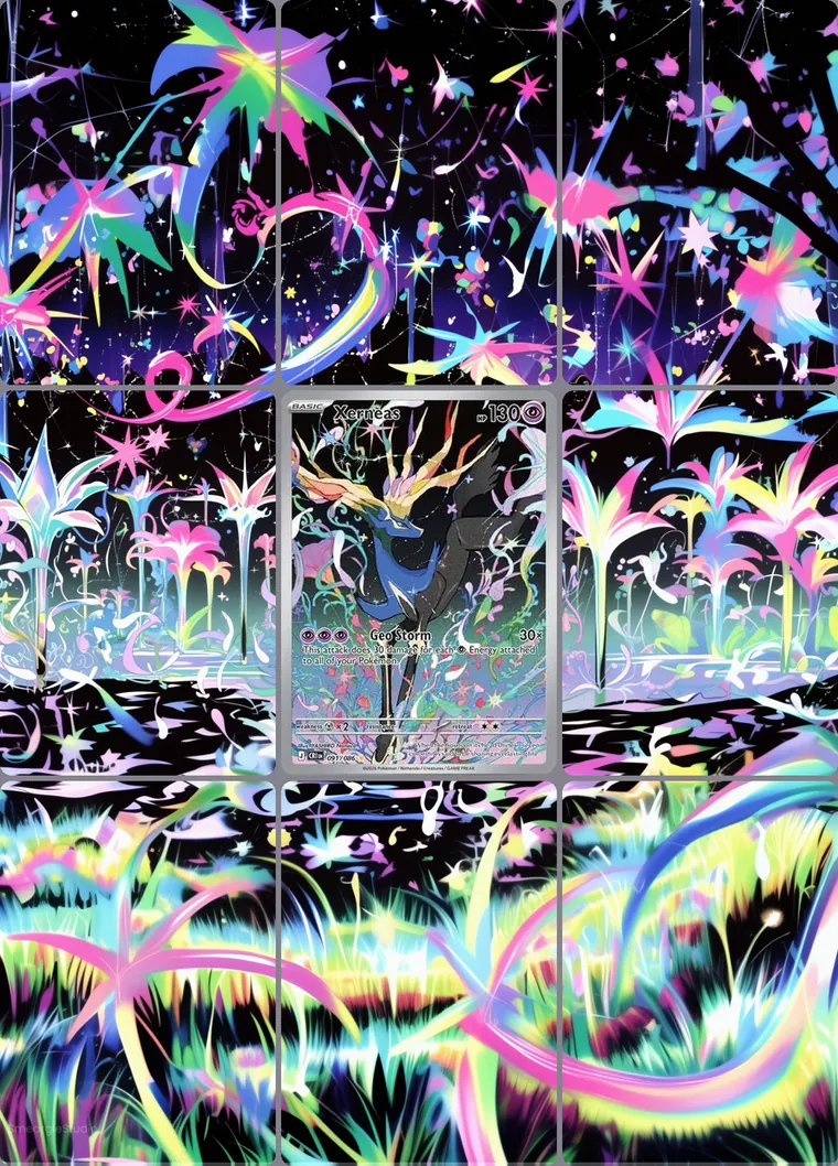 Xerneas 91/86 extended binder art: the card in the centre of a 3×3 binder page, its artwork continuing across the eight cards around it