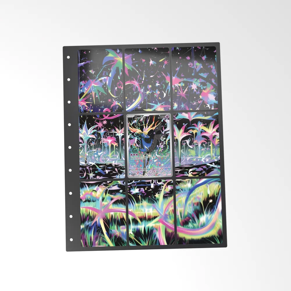 The printed Xerneas 91/86 set in a 9-pocket binder page, with the card in the centre pocket