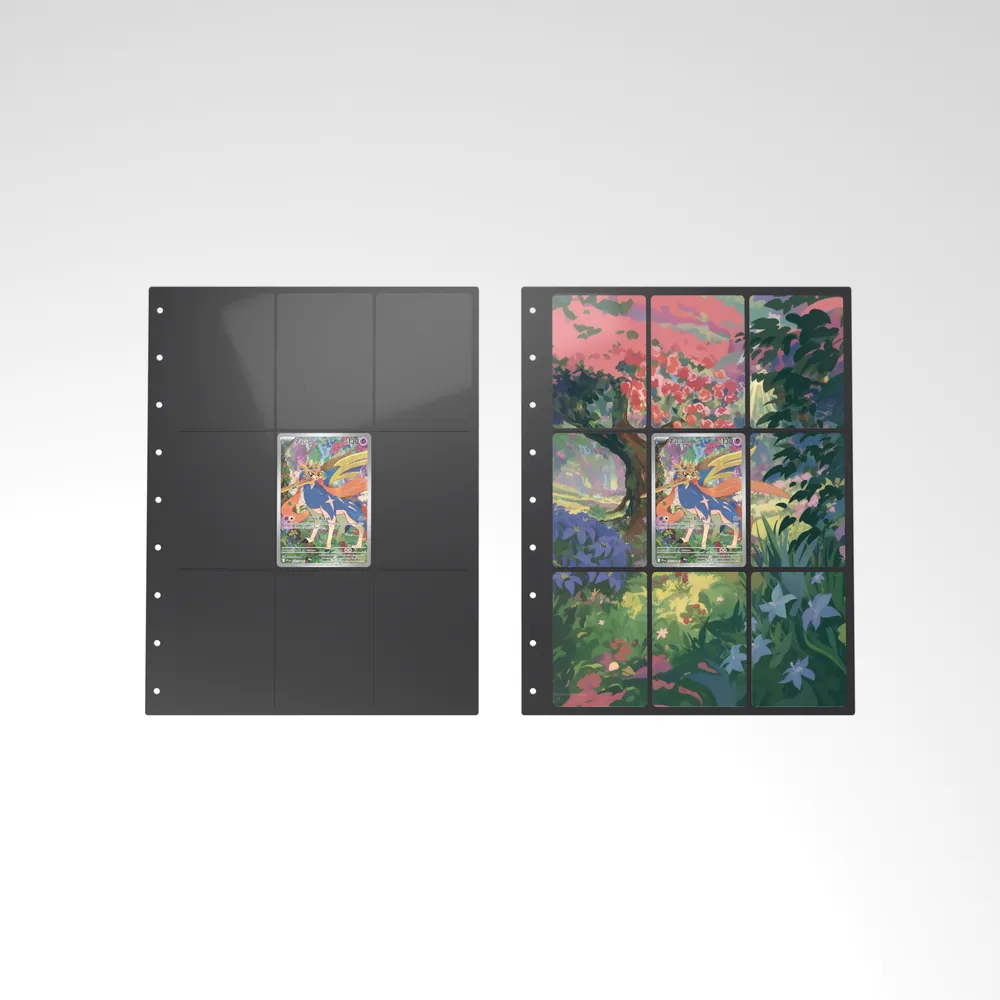 Before and after: the Zacian card alone in an empty binder page, then surrounded by its eight extended-art cards