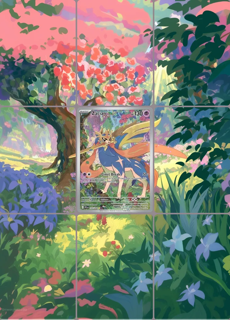 Zacian 100/94 extended binder art: the card in the centre of a 3×3 binder page, its artwork continuing across the eight cards around it