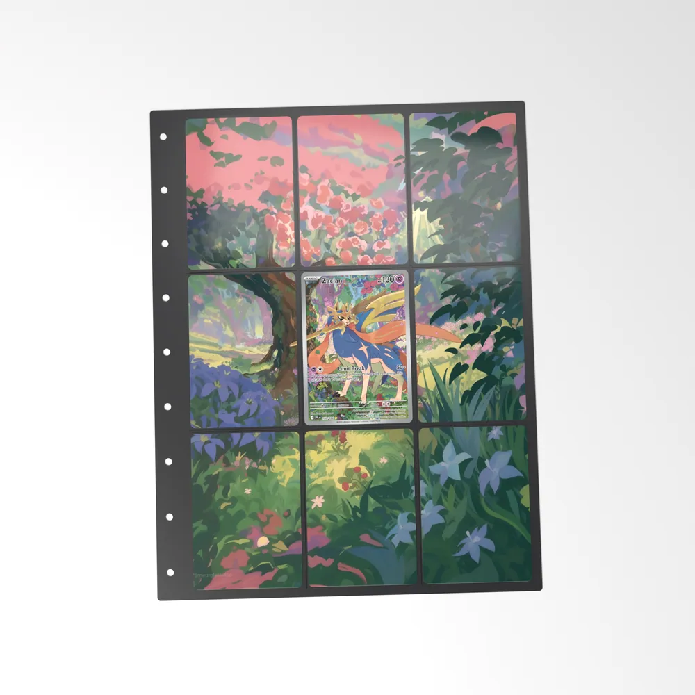 The printed Zacian 100/94 set in a 9-pocket binder page, with the card in the centre pocket