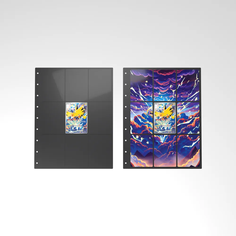 Before and after: the Zapdos card alone in an empty binder page, then surrounded by its eight extended-art cards