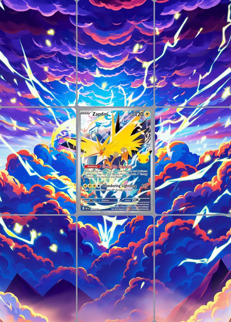 Zapdos 133/128 extended binder art: the card in the centre of a 3×3 binder page, its artwork continuing across the eight cards around it