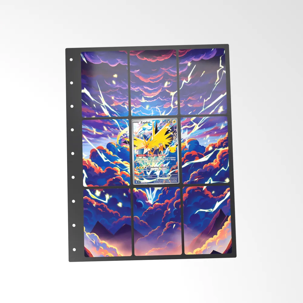 The printed Zapdos 133/128 set in a 9-pocket binder page, with the card in the centre pocket
