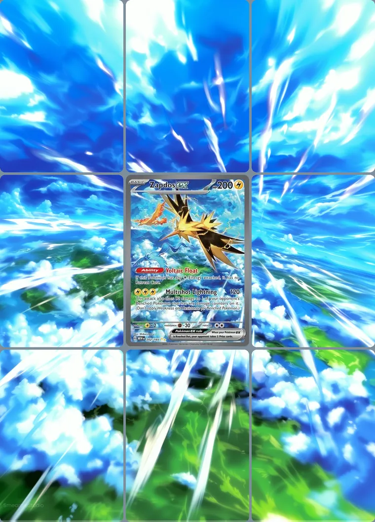 Zapdos ex 202/165 extended binder art: the card in the centre of a 3×3 binder page, its artwork continuing across the eight cards around it