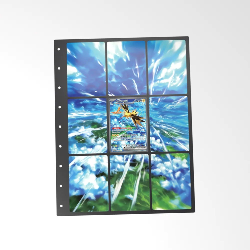 The printed Zapdos ex 202/165 set in a 9-pocket binder page, with the card in the centre pocket