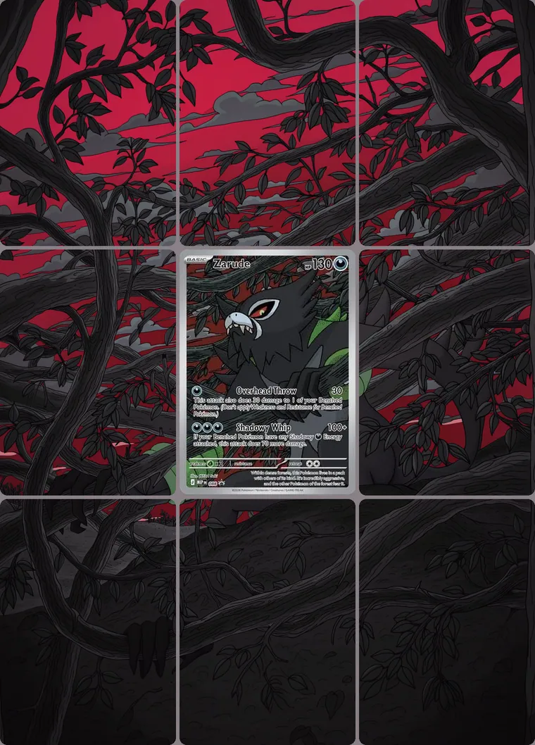 Zarude 88 extended binder art: the card in the centre of a 3×3 binder page, its artwork continuing across the eight cards around it