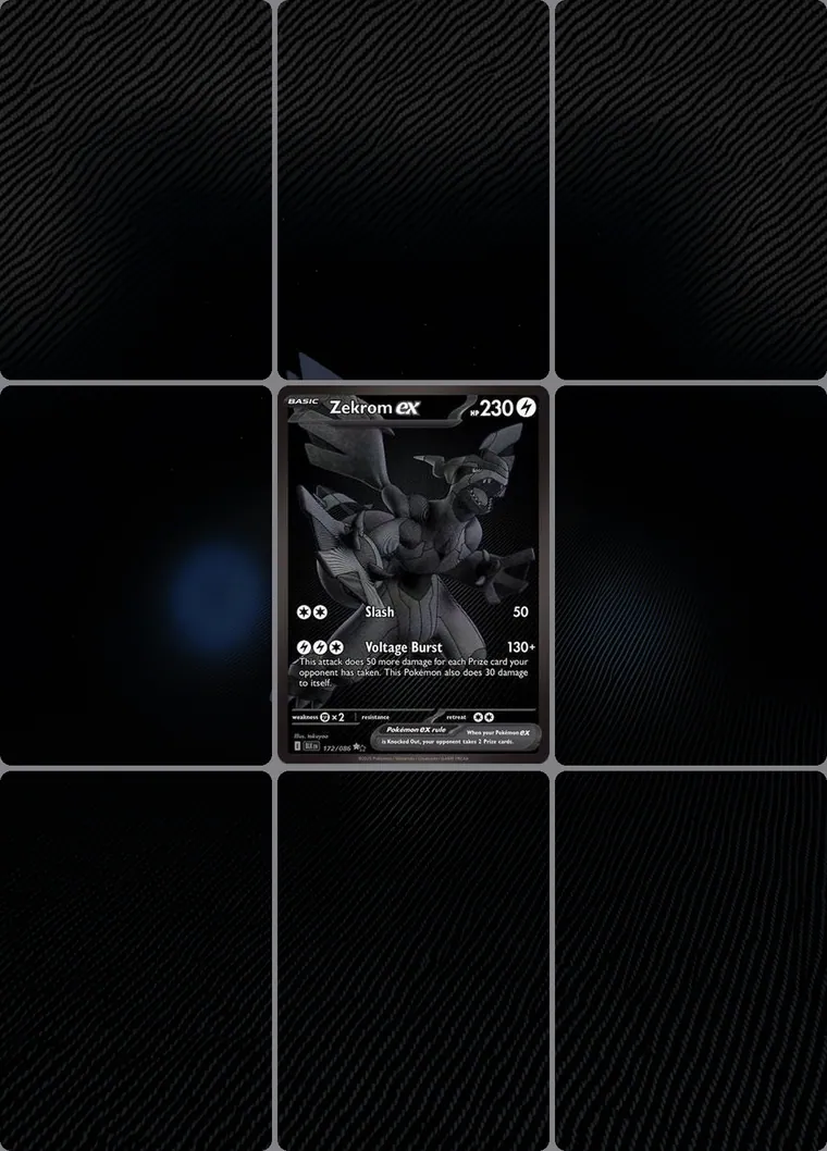 Zekrom ex 172/86 extended binder art: the card in the centre of a 3×3 binder page, its artwork continuing across the eight cards around it