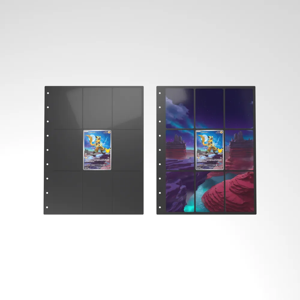 Before and after: the Zeraora card alone in an empty binder page, then surrounded by its eight extended-art cards
