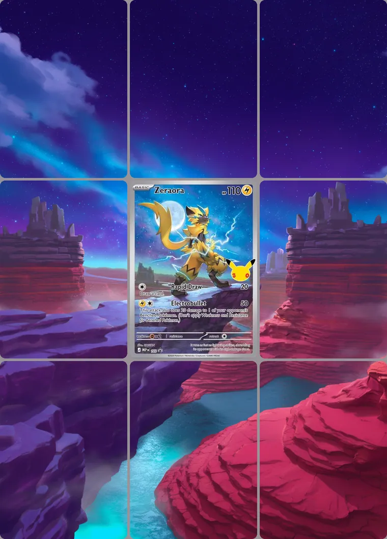 Zeraora 103 extended binder art: the card in the centre of a 3×3 binder page, its artwork continuing across the eight cards around it