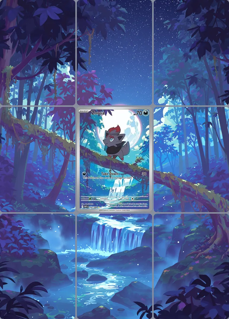 Zorua 142/86 extended binder art: the card in the centre of a 3×3 binder page, its artwork continuing across the eight cards around it