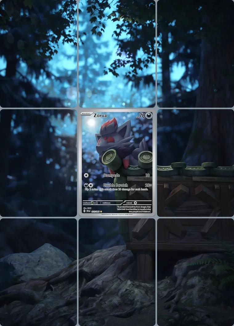 Zorua 75/64 extended binder art: the card in the centre of a 3×3 binder page, its artwork continuing across the eight cards around it